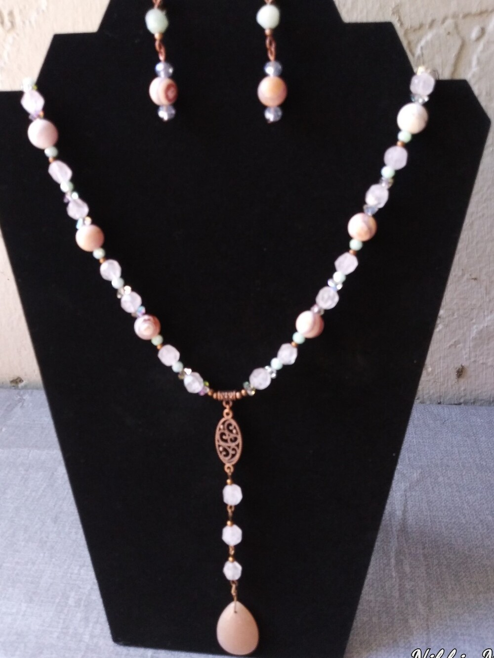Handmade Delicate Pink Beaded Lariat Necklace and Earring Set